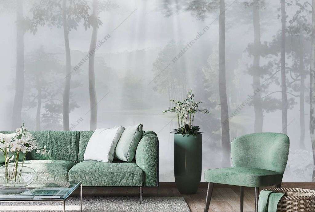 Фотообои в интерьере лес у озера в тумане  13-353 фото