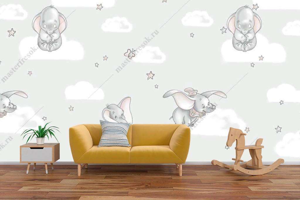 Фотообои в интерьере слоненок в облаках  14-161 фото