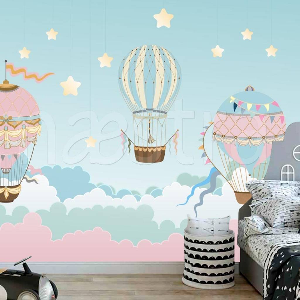 Фотообои Шары парят в голубых и розовых облаках  12-407