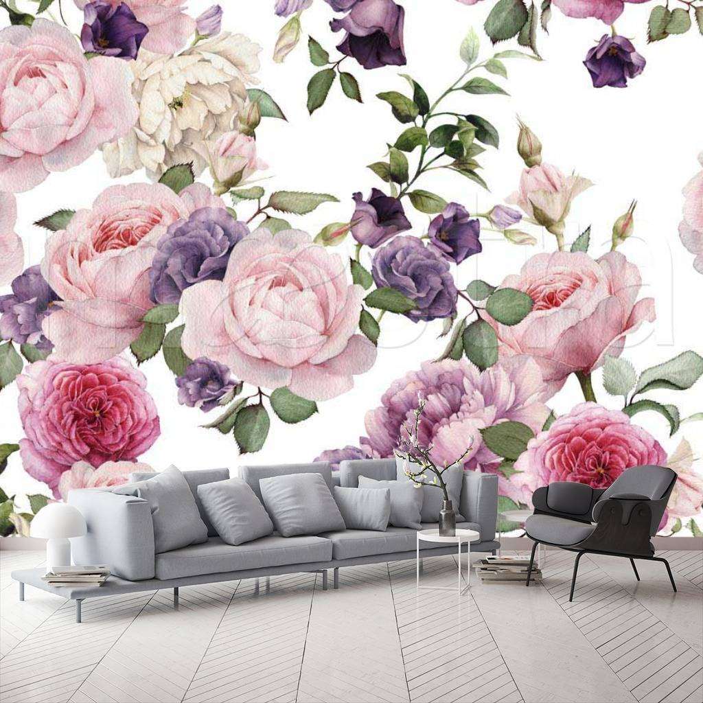 Фотообои в интерьере розовые цветы обои  9-086 фото