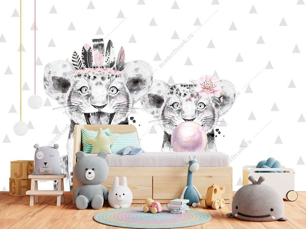 Фотообои в интерьере милые львята  14-217 фото