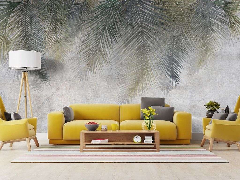 Фотообои в интерьере листья свисающие серо-зеленые  9-1866 фото