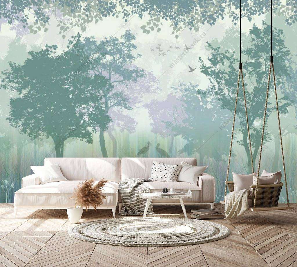 Фотообои в интерьере силуэты туманного леса  14-131 фото