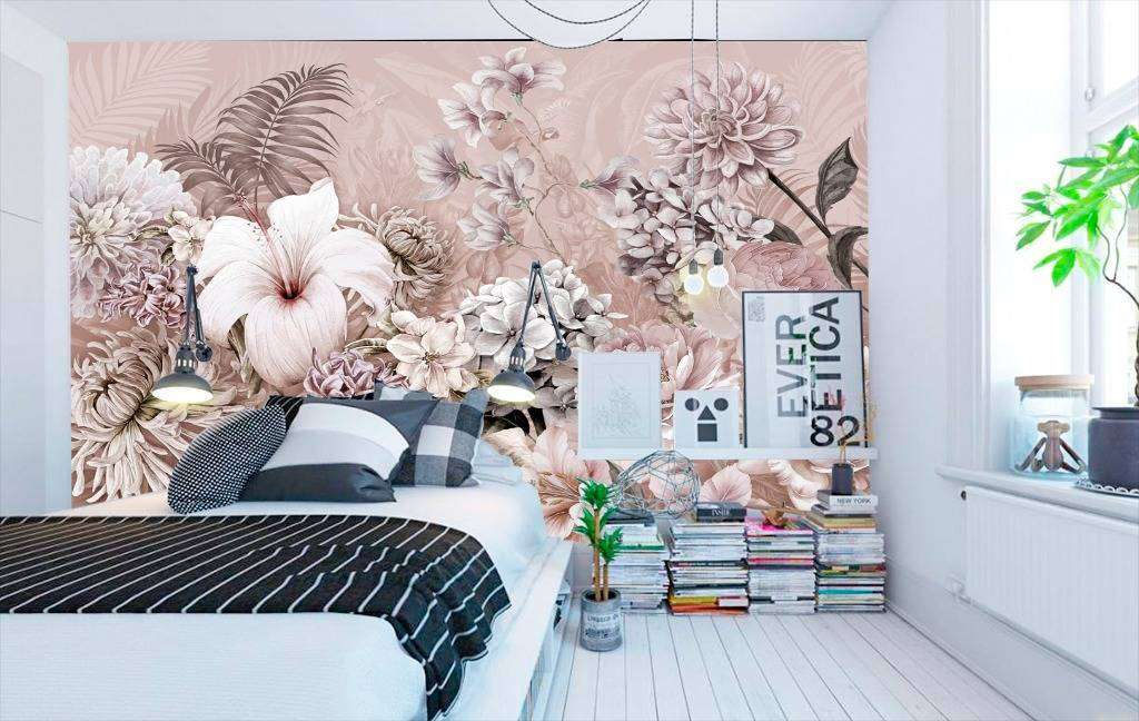 Фотообои в интерьере нежные цветы на розовом фоне  13-068 фото