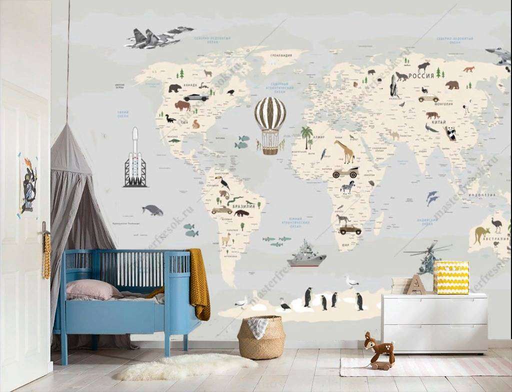 Фотообои в интерьере карта мира и военная техника  12-1185 фото