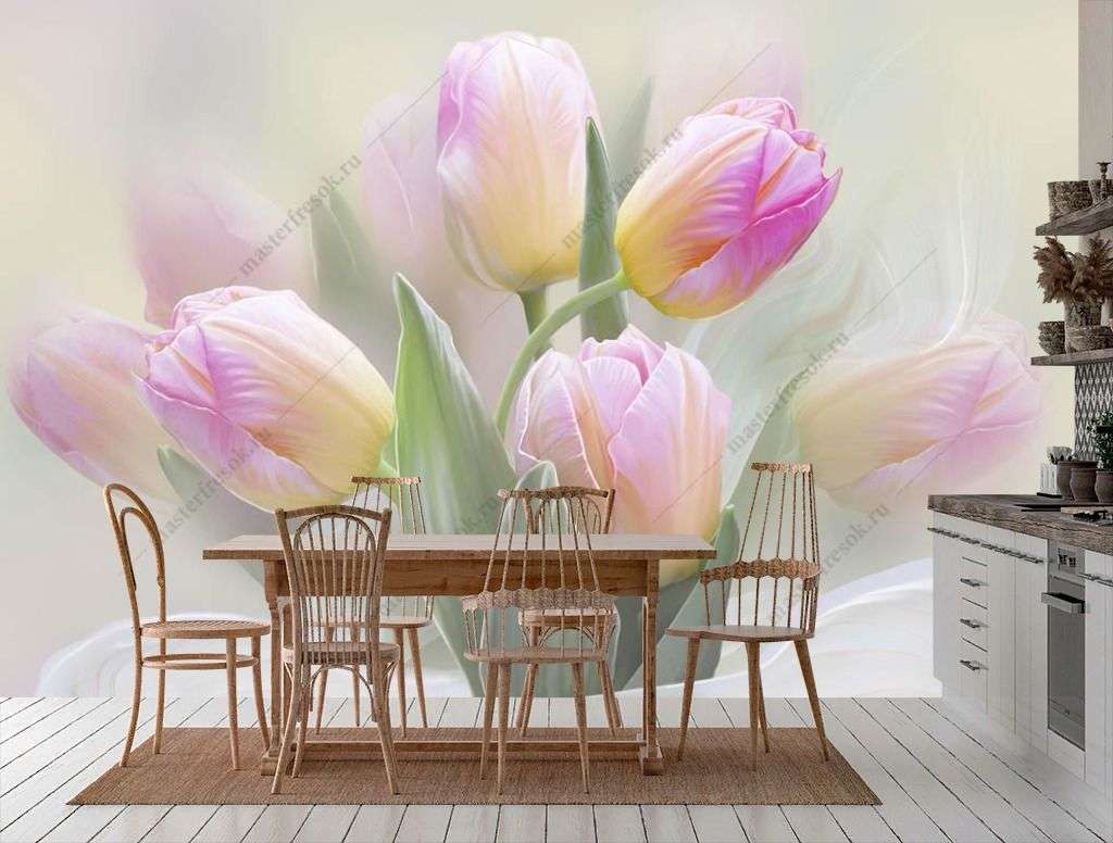Фотообои в интерьере тюльпаны нежные  13-602 фото