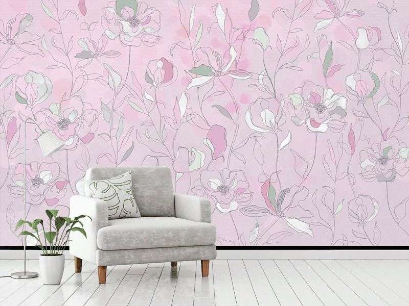 Фотообои в интерьере фон розовый с листьями  9-1990 фото