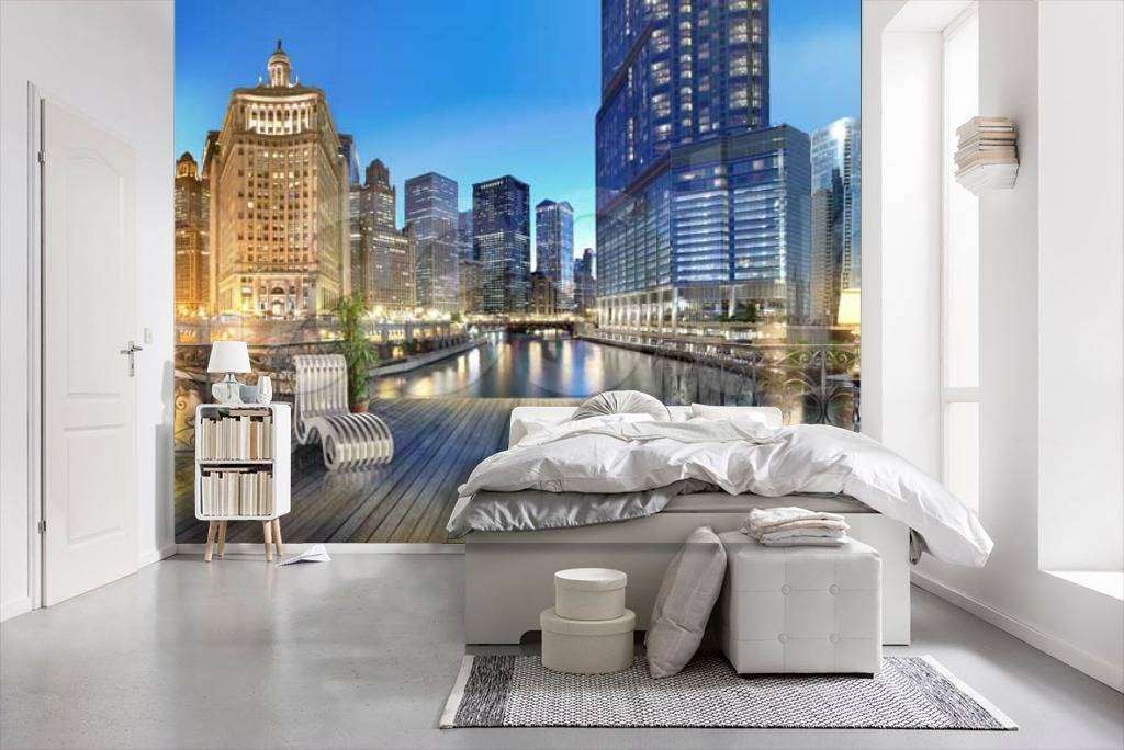 Фотообои в интерьере кафе в ночном мегаполисе  11-106 фото