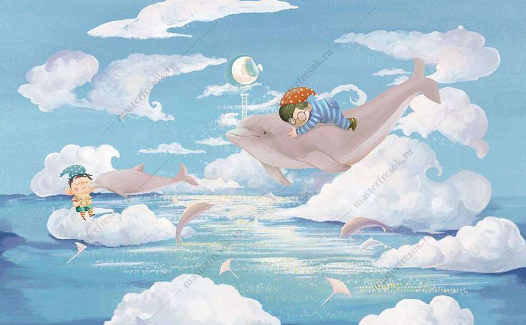 Фотообои в интерьере мальчик на дельфине  16-017 фото