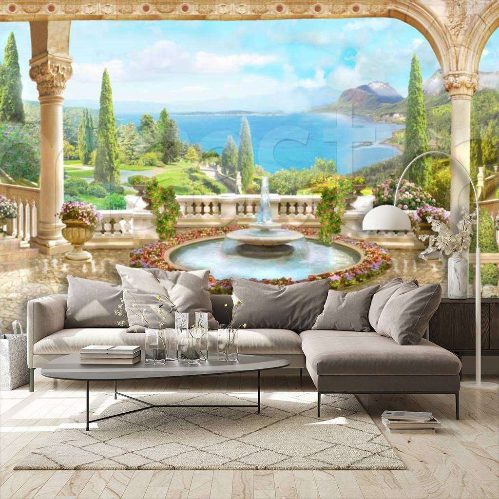 Фотообои в интерьере фонтан в парке  3-019 фото