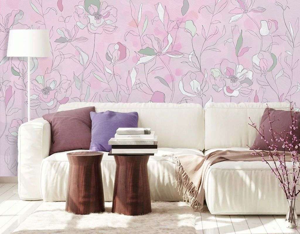 Фотообои в интерьере фон розовый с листьями  9-1990 фото