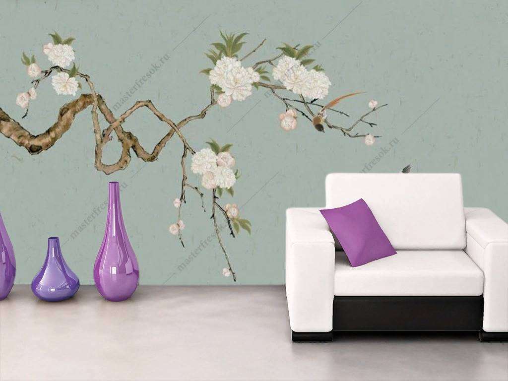 Фотообои в интерьере веточка цветущего миндаля  15-900 фото
