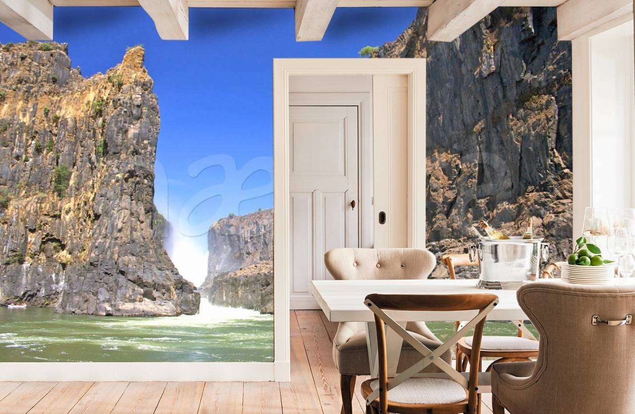 Фотообои в интерьере водопад между скал  9-858 фото