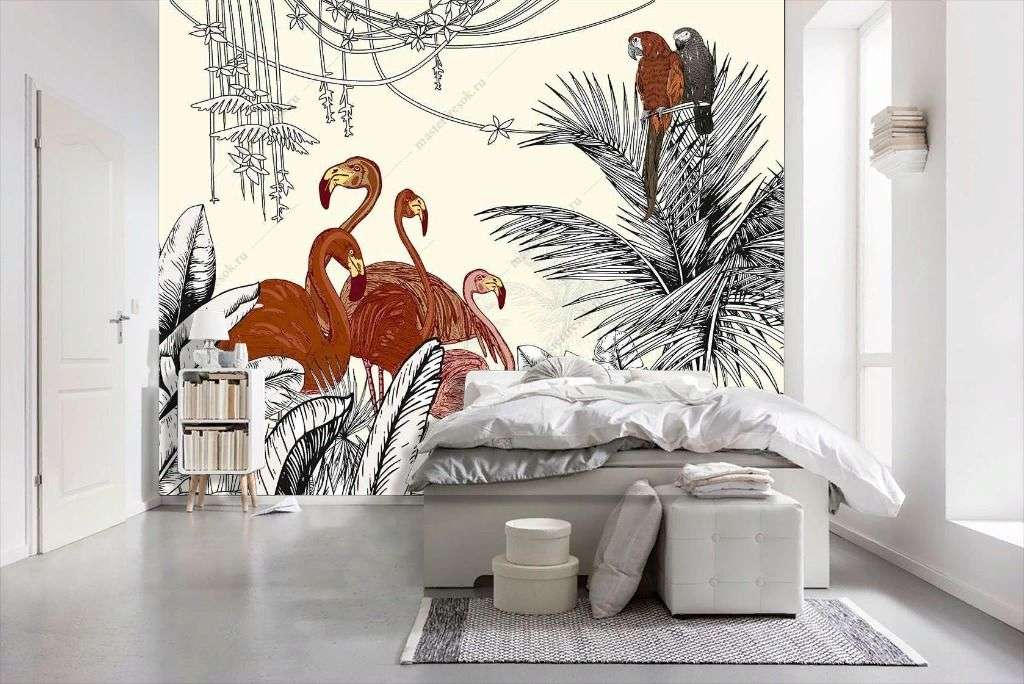 Фотообои в интерьере фламинго и попугаи в тропиках  12-1548 фото
