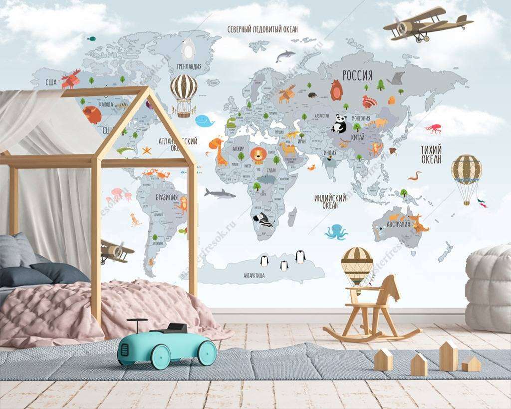 Фотообои в интерьере карта мира детская с самолетами  12-968 фото