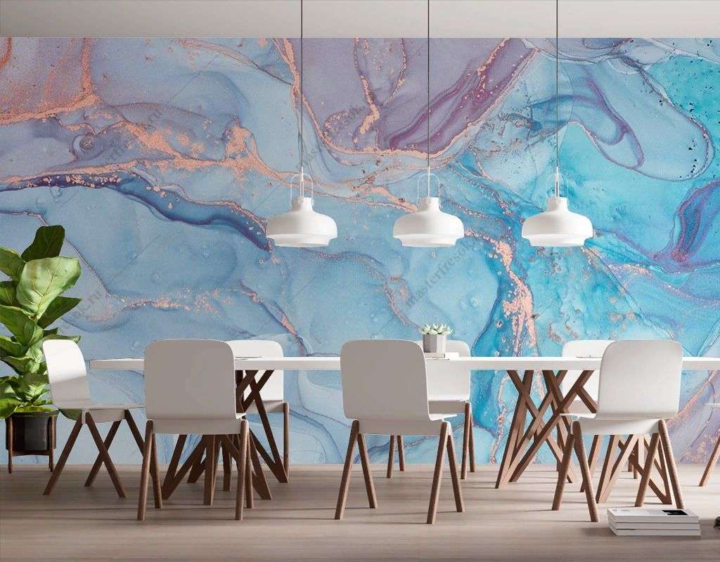 Фотообои в интерьере мрамор голубой с золотыми прожилками  9-1790 фото