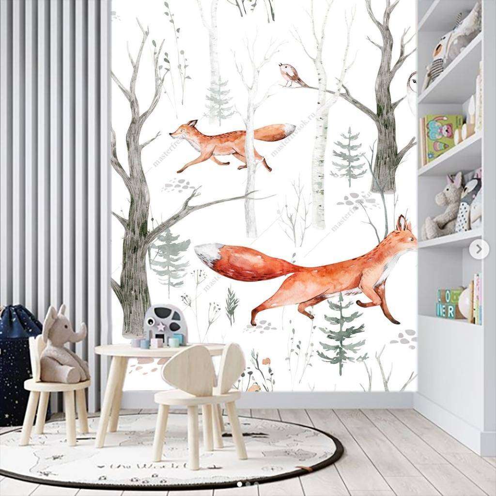 Фотообои в интерьере лисенок в лесу  12-1144 фото