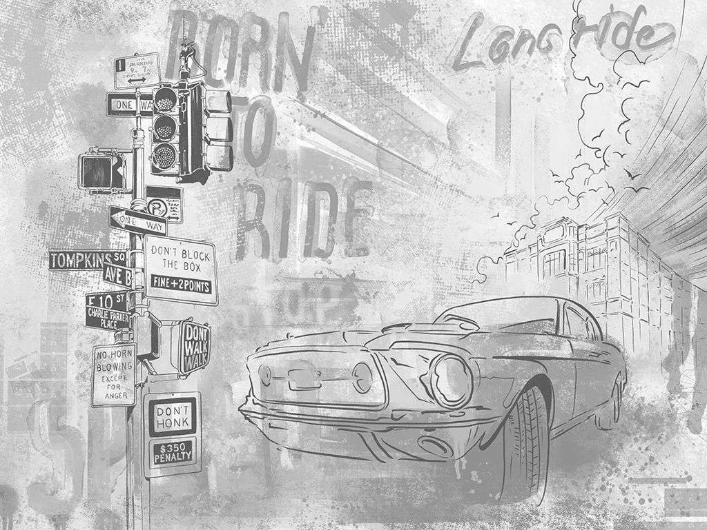 Фотообои в интерьере граффити машина ч/б  12-1568 фото