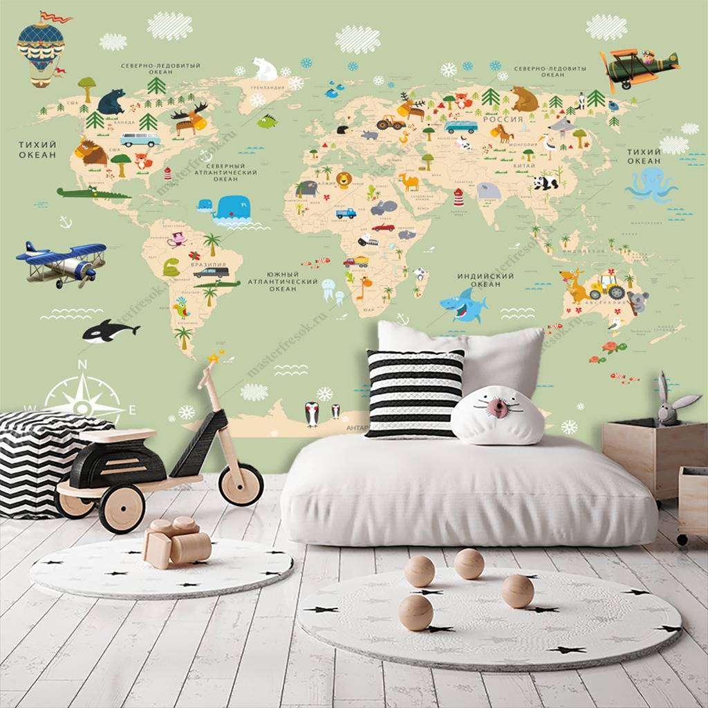 Фотообои в интерьере карта мира на русском зеленая  12-995 фото