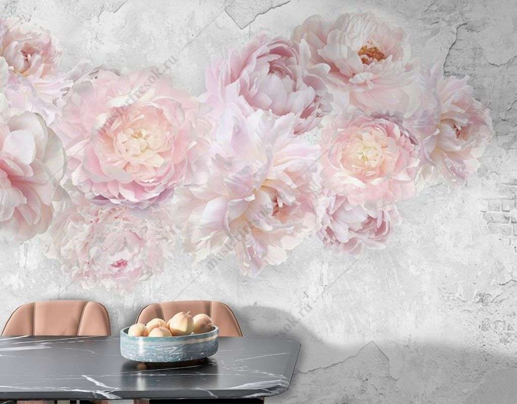 Фотообои в интерьере пионы на мраморном фоне  14-369 фото