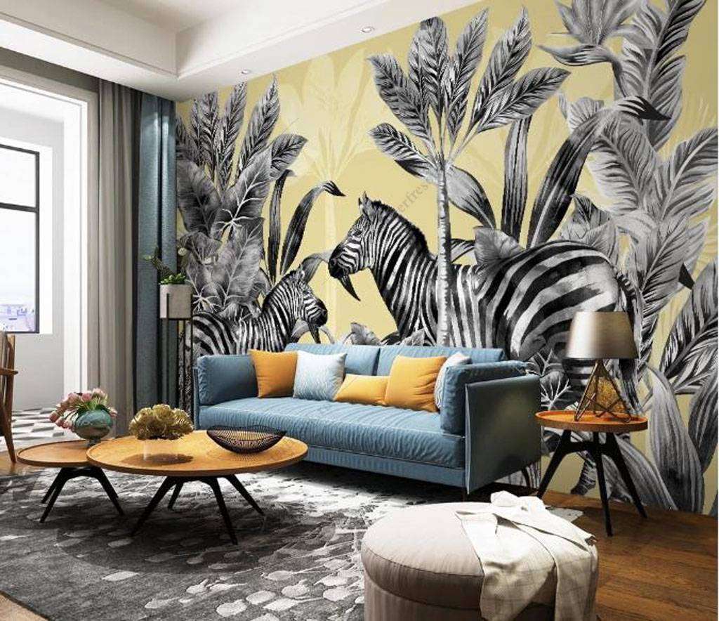 Фотообои в интерьере зебры в тропиках  16-126 фото