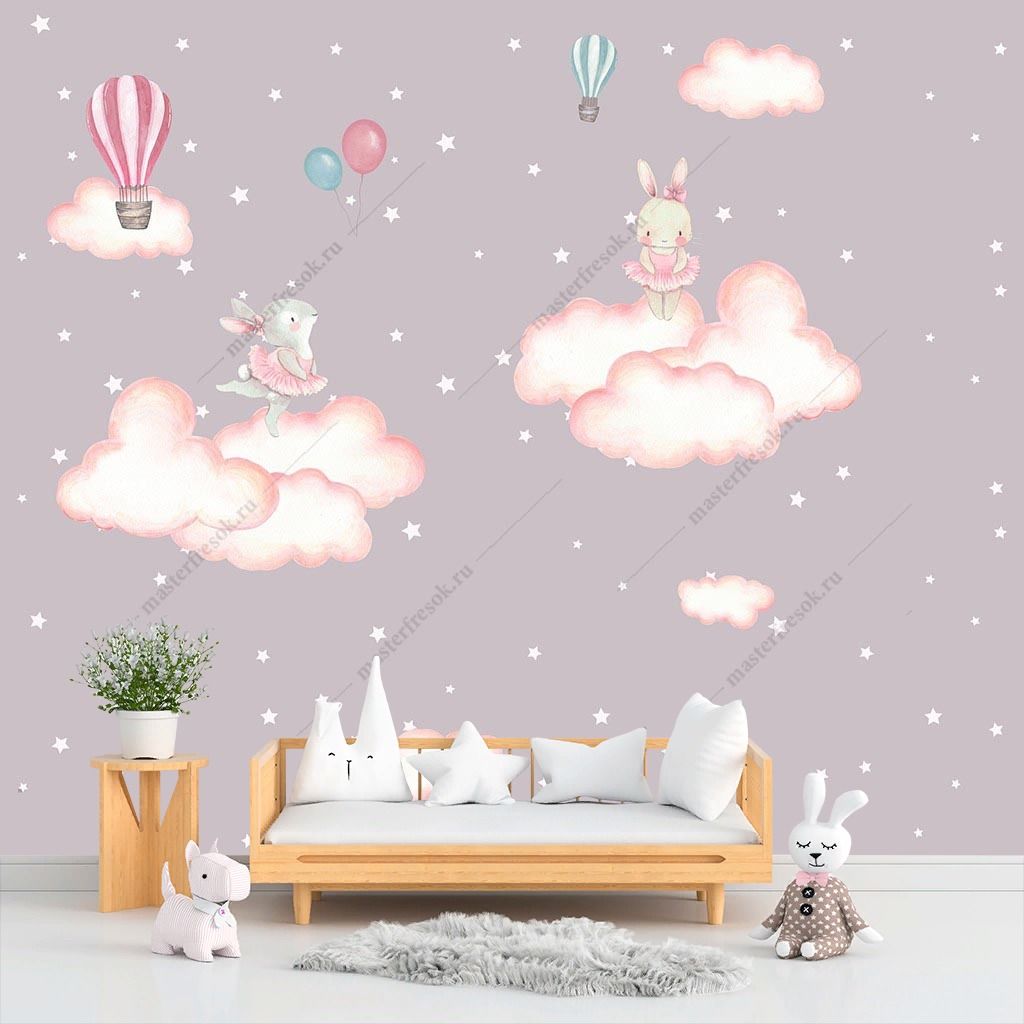 Фотообои в детскую зайки в облаках   12-1595