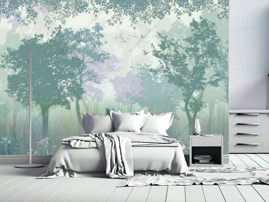 Фотообои в интерьере силуэты туманного леса  14-131 фото