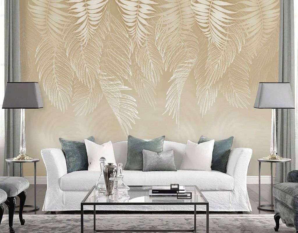 Фотообои в интерьере тонкие листики на бежевом фоне   14-754 фото