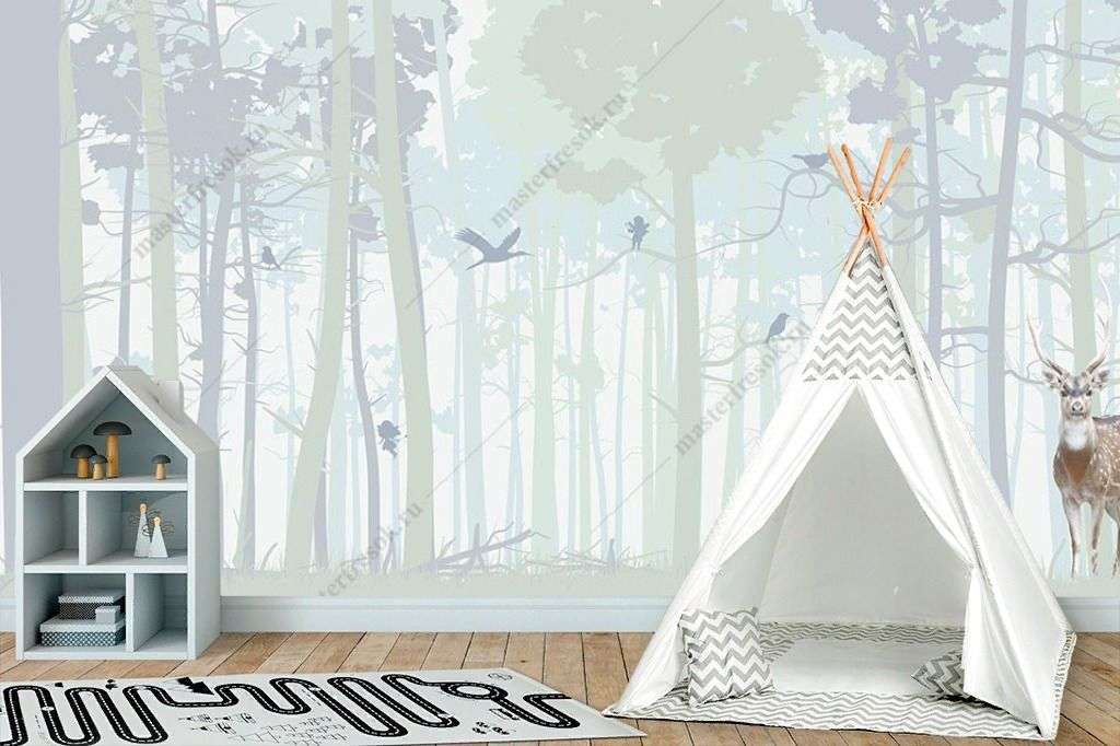 Фотообои в интерьере лес волшебный с оленями  12-1466 фото