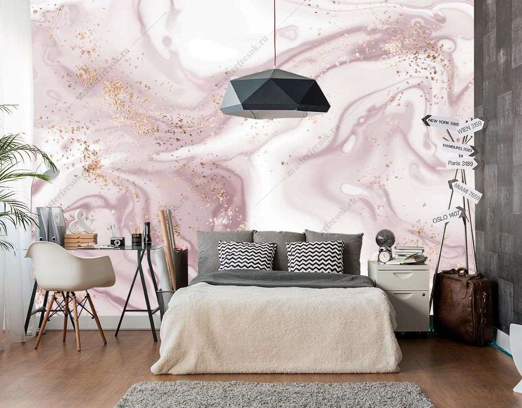 Фотообои в интерьере пудровый флюид с золотом  9-1560 фото