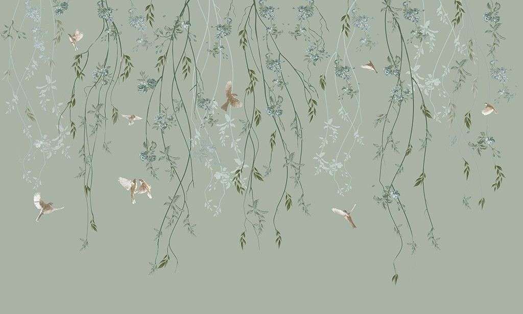 Фотообои в интерьере ветки на зеленом фоне   14-758 фото