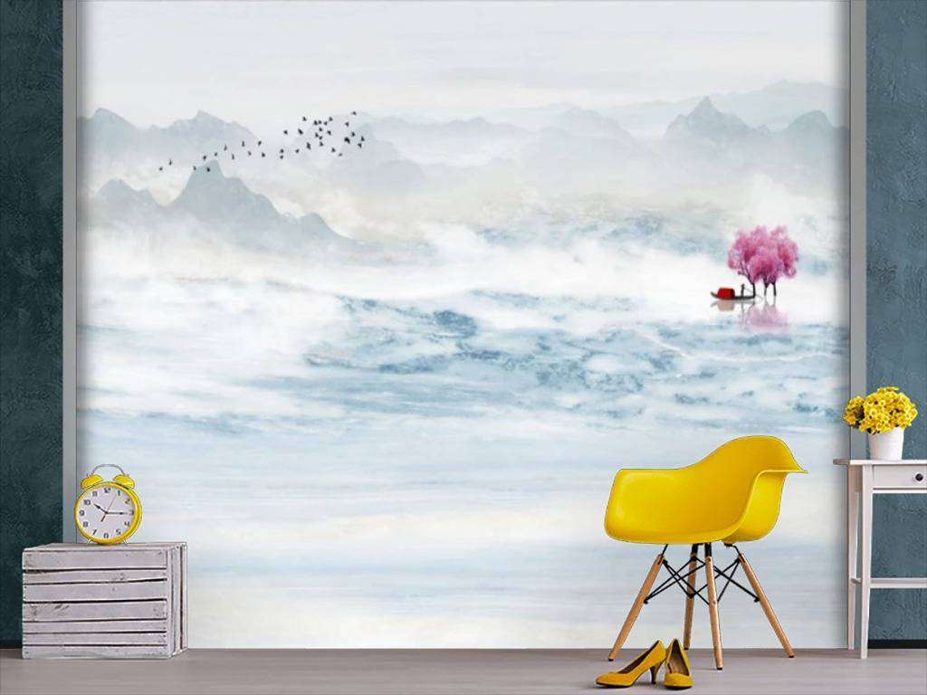 Фотообои в интерьере сакура на озере  15-658 фото