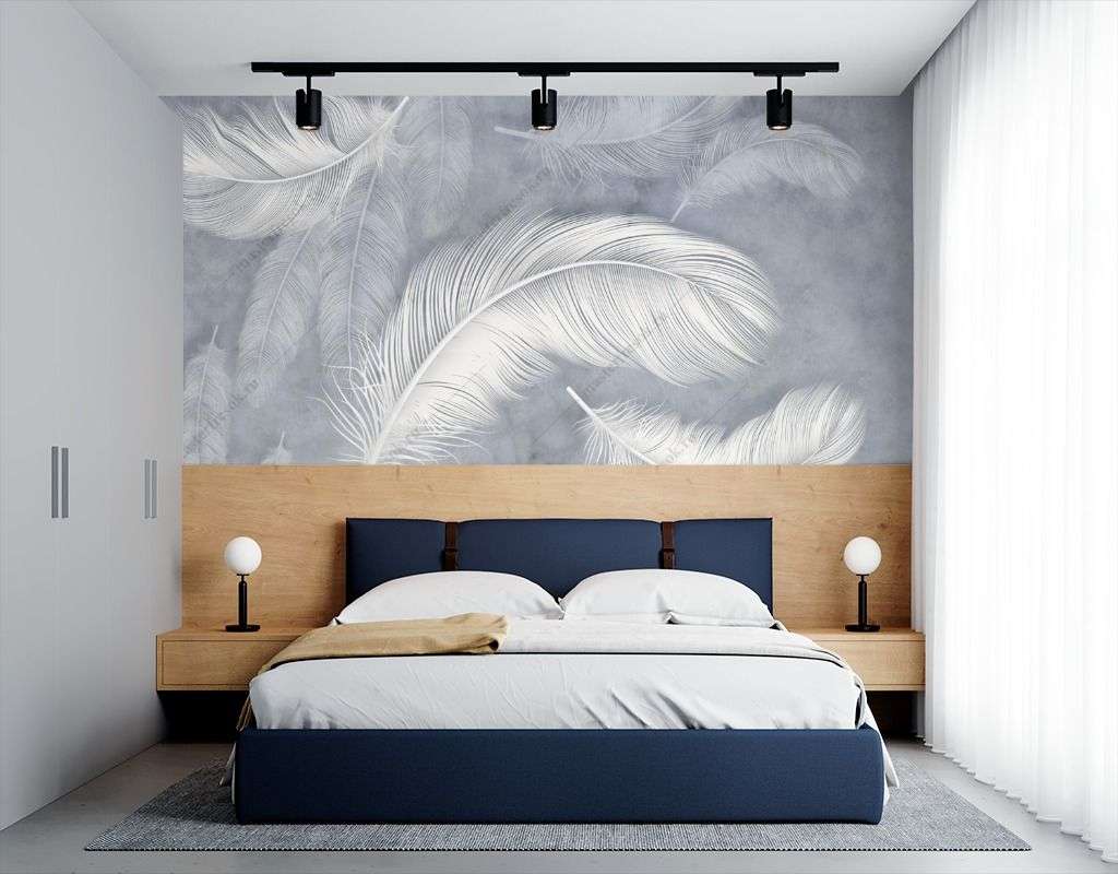 Фотообои в интерьере перышки на сером фоне  14-367 фото