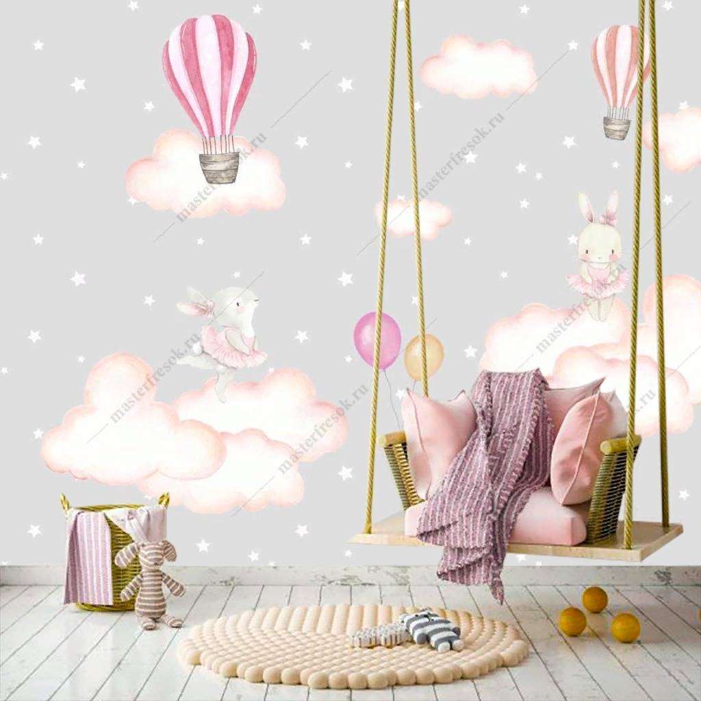 Фотообои в интерьере зайчики на воздушных облаках  12-1193 фото