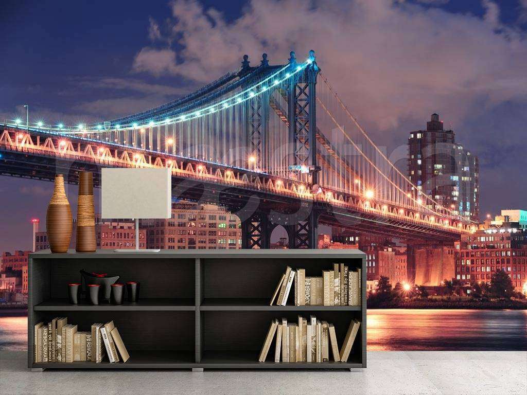 Фотообои в интерьере ночной мост красочного нью йорка  9-804 фото