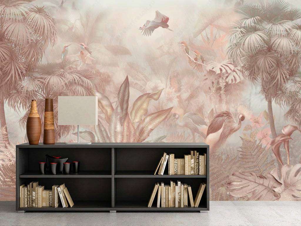 Фотообои в интерьере розовые тропики  13-267 фото