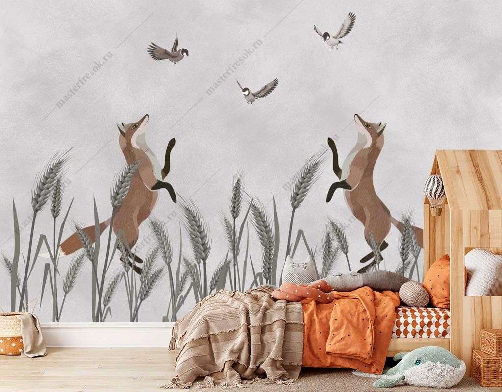 Фотообои в интерьере лисички в поле  12-1510 фото