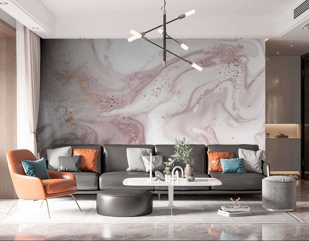 Фотообои в интерьере пудровый флюид с золотом  9-1560 фото