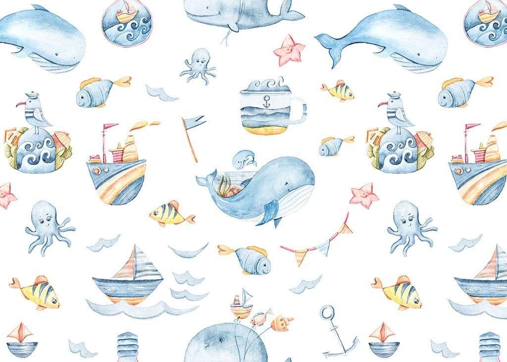 Фотообои в интерьере киты и кораблики  12-727 фото