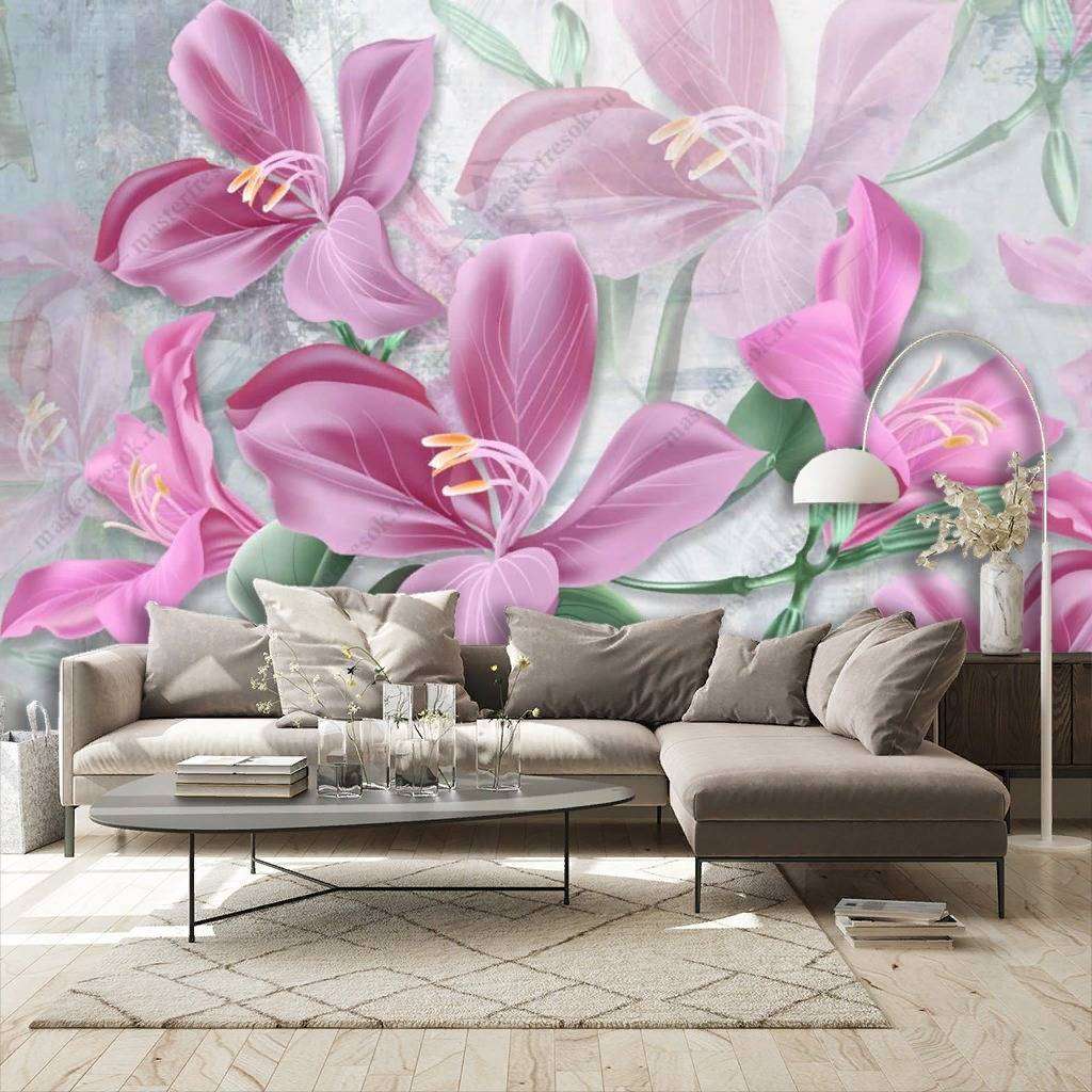 Фотообои в интерьере 3д ярко розовые лилии  10-859 фото
