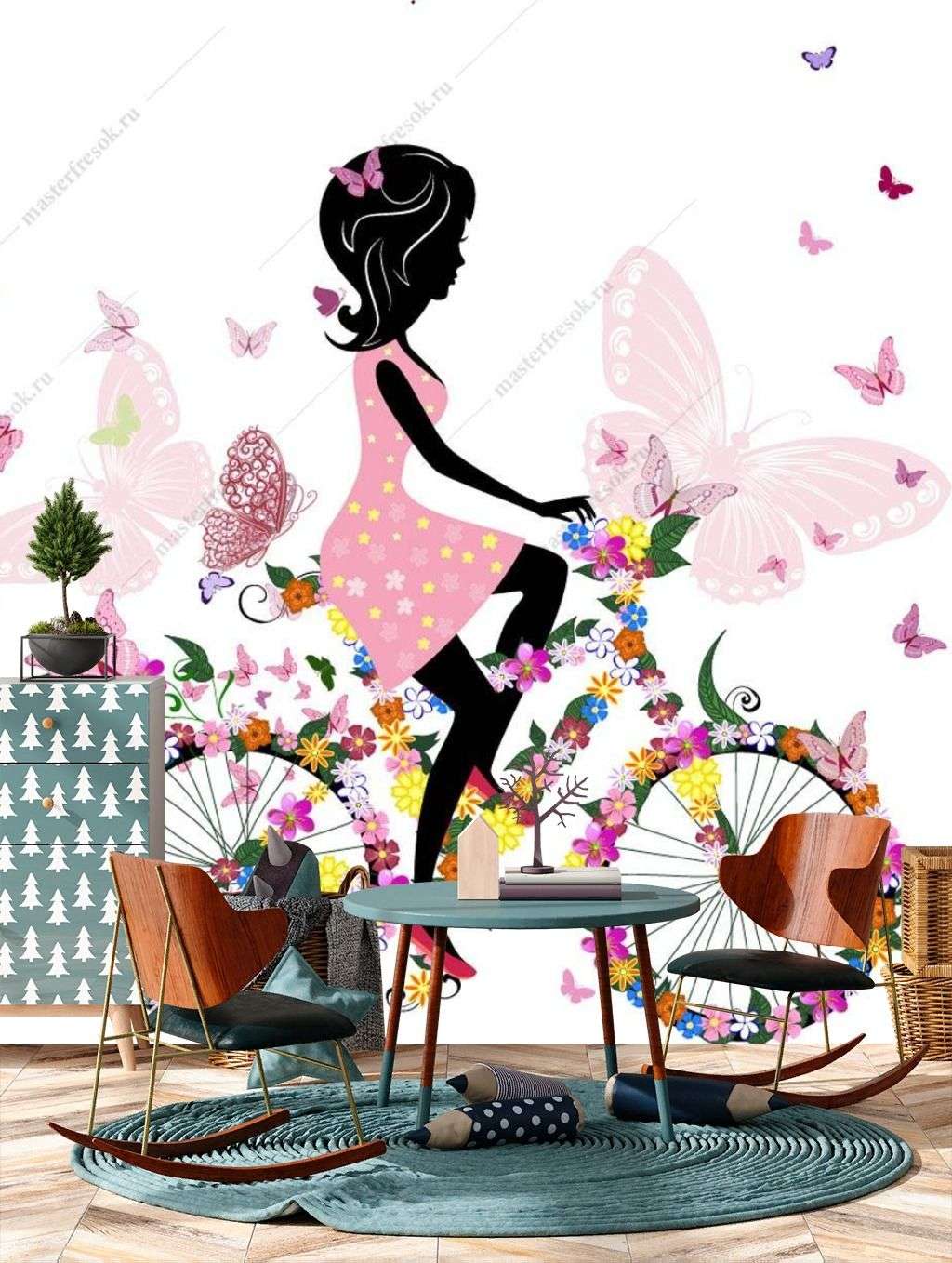 Фотообои в интерьере фея с цветами на велосипеде  12-1258 фото