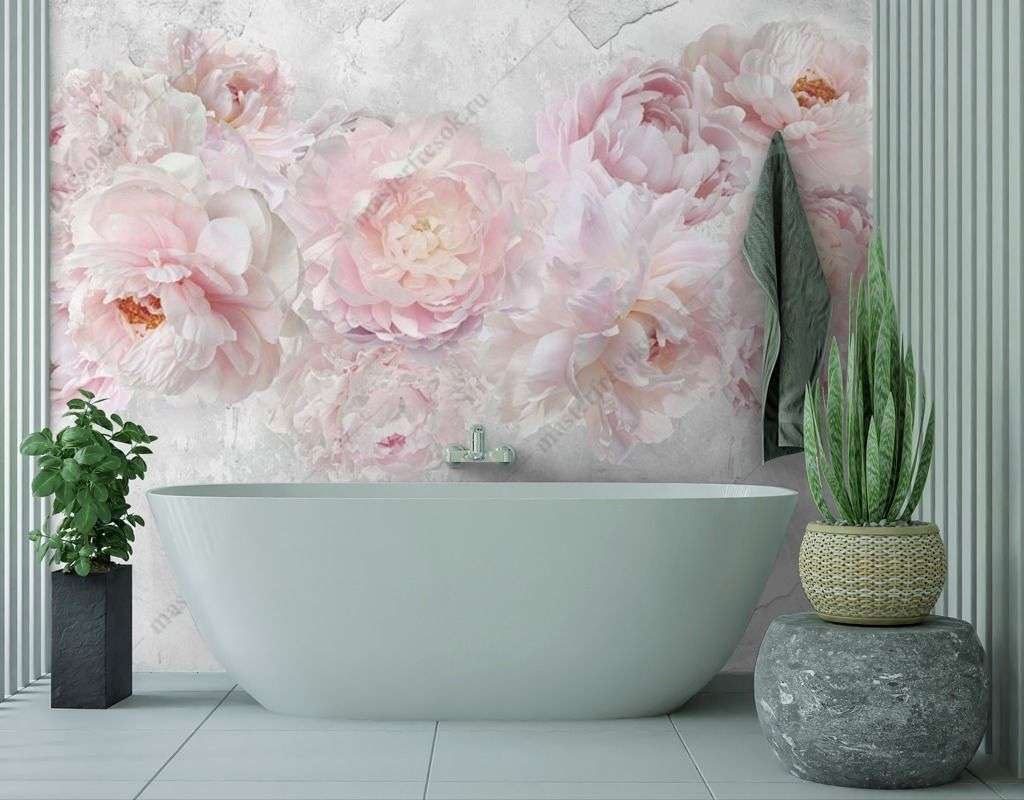 Фотообои в интерьере пионы на мраморном фоне  14-369 фото