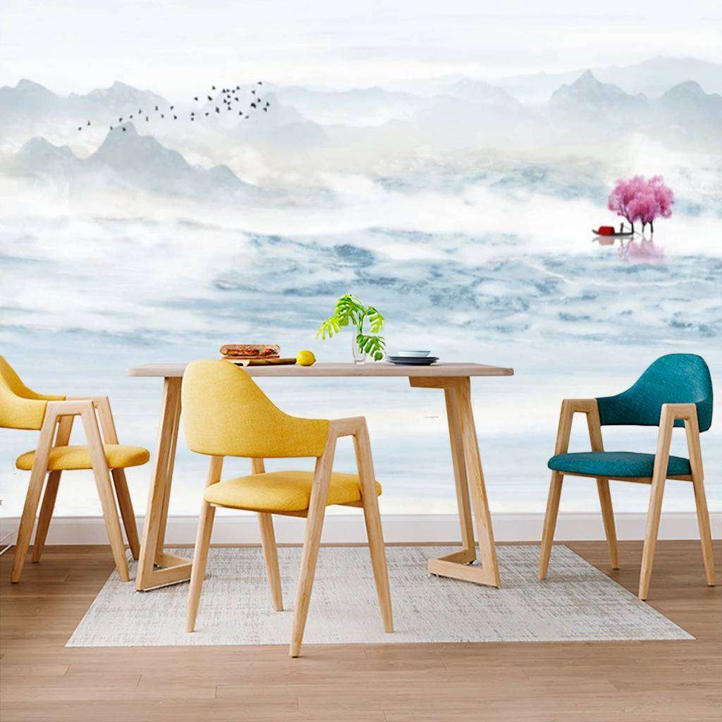 Фотообои в интерьере сакура на озере  15-658 фото