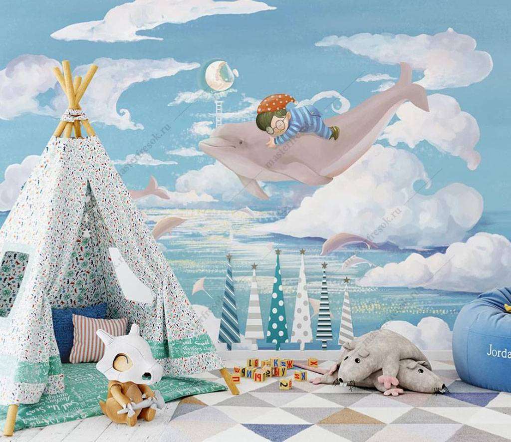 Фотообои в интерьере мальчик на дельфине  16-017 фото