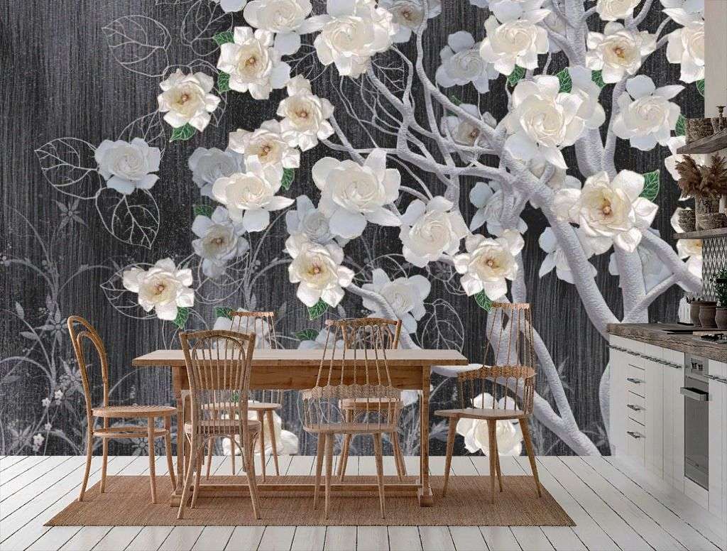 Фотообои в интерьере нежные цветы на дереве  13-297 фото