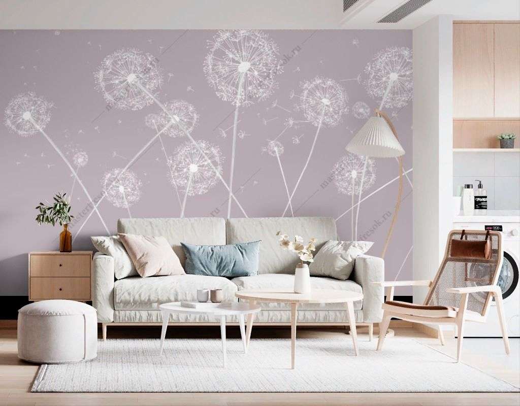 Фотообои в интерьере одуванчики на розовом фоне  14-527 фото