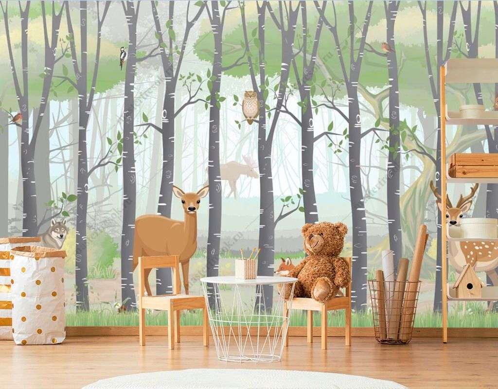 Фотообои в интерьере лес с животными в детскую  14-514 фото