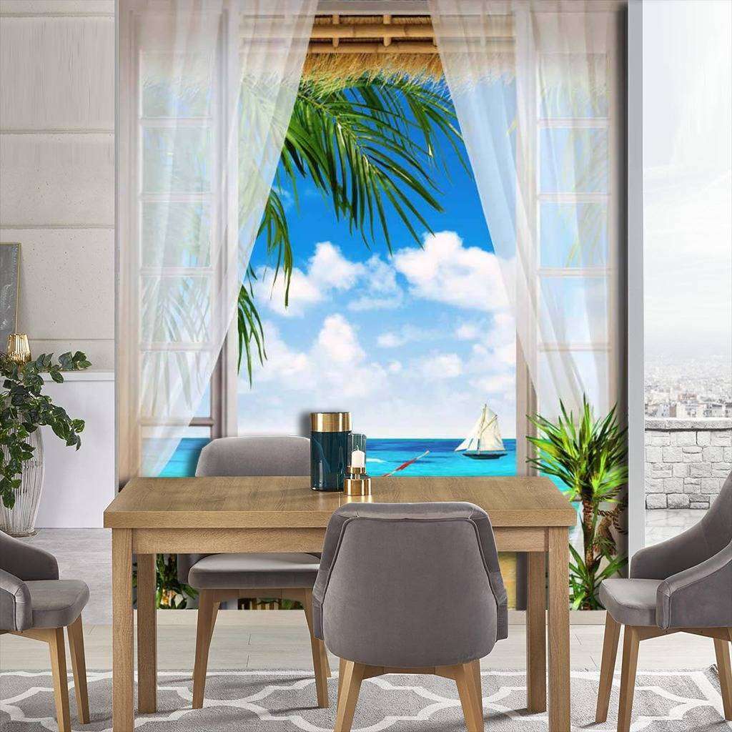 Фотообои в интерьере окно с видом на морской пляж  17-0007 фото