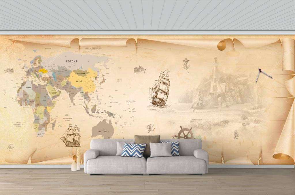 Фотообои в интерьере карта морского путешественника  13-103 фото