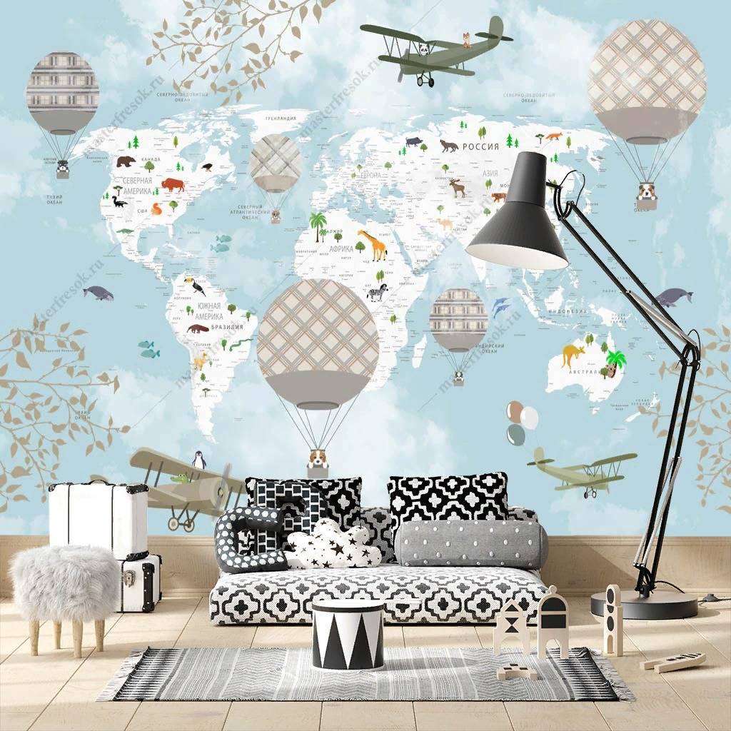 Фотообои в интерьере самолеты и карта мира  14-180 фото
